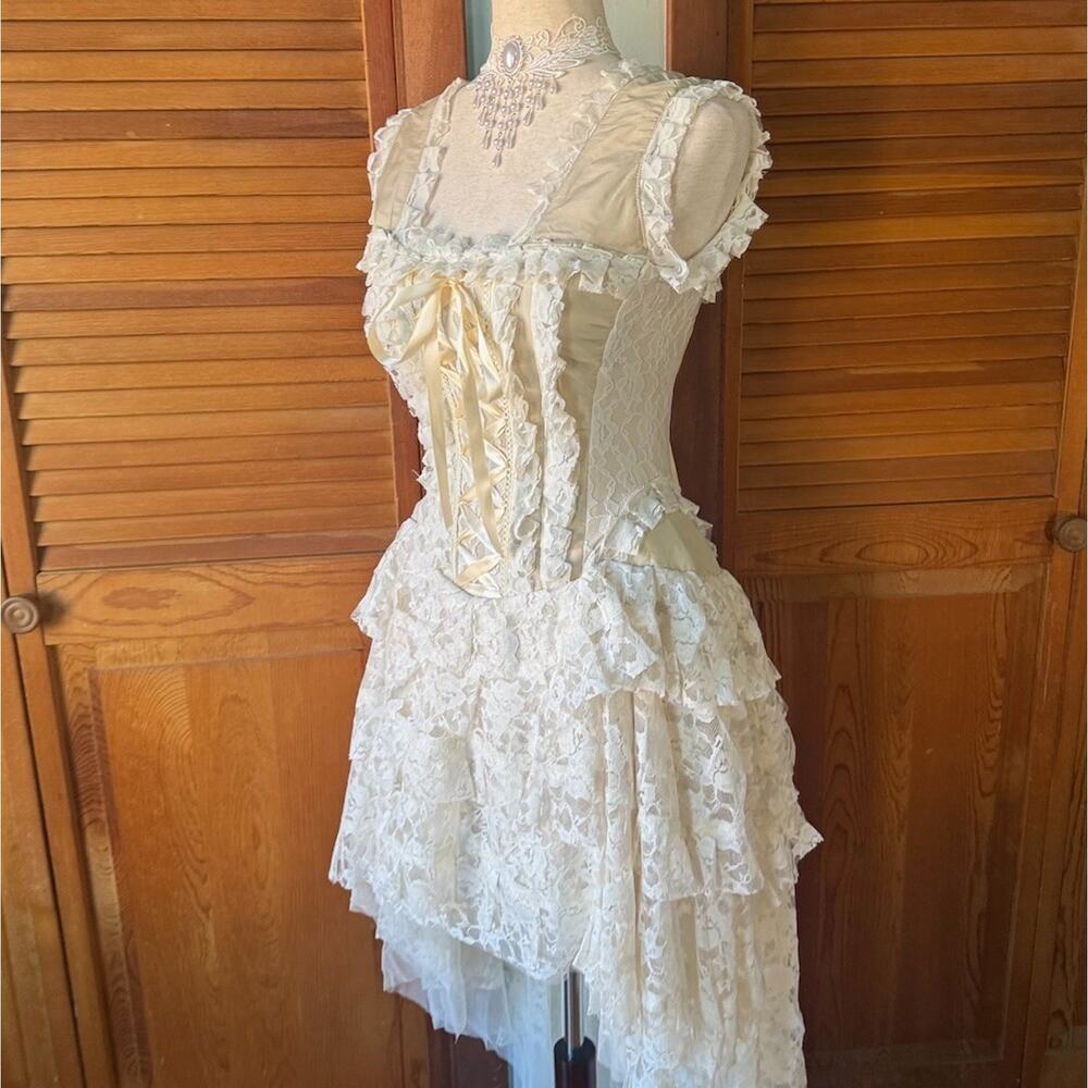 Burleska Gothic Victorian Renaissance Cream Taffeta Lace Corset Dress - Picture 4 of 11